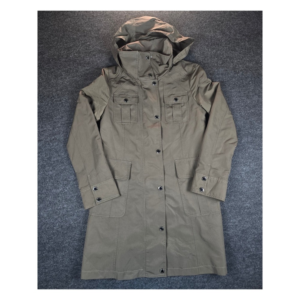 Ellen Tracy Olive Khaki Utility Jacket Coat Hooded Snap Button Full Zip Womens L